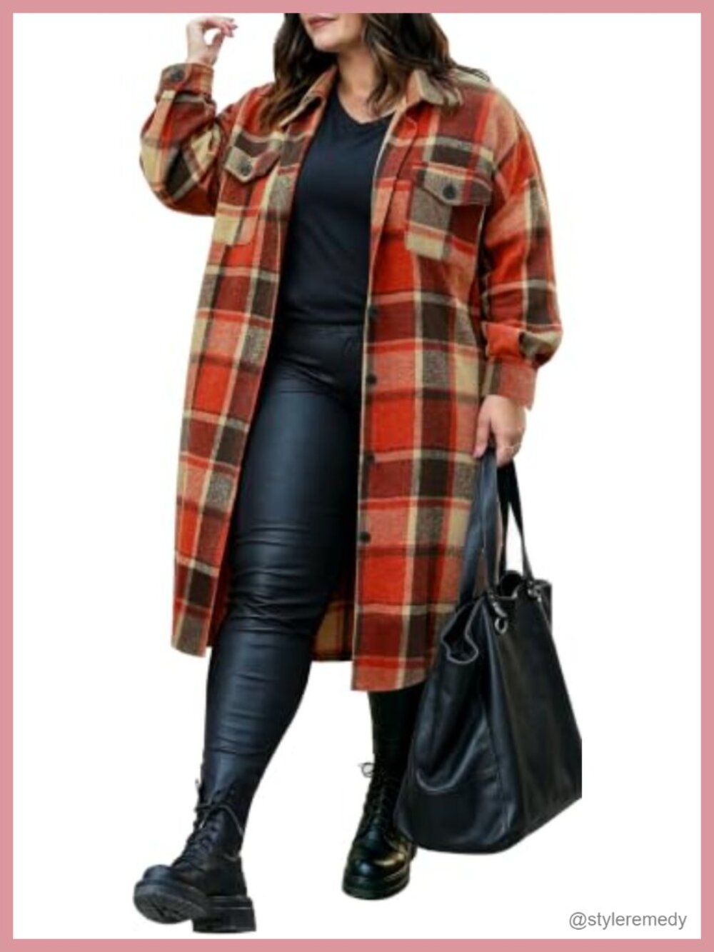 Plus Size Flannel Plaid Shacket Button Down Midi Shirt Jacket